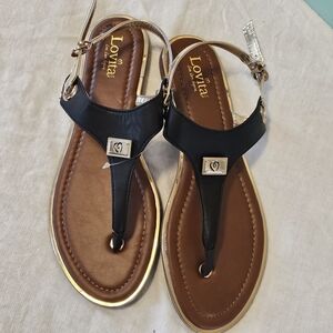New in Box Lovita Women's 10 Sandals Thong Black Gold Summer Metallic